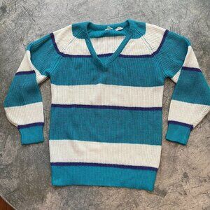 Vintage 80s V-Neck Sweater Pheasant Hill Collection Striped Acrylic Blue White S